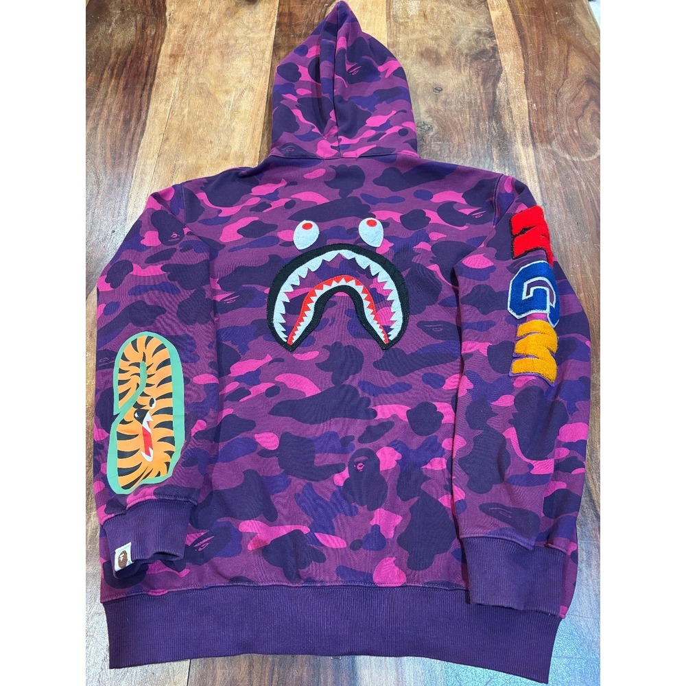 A Bathing Ape Purple Pink Camo Shark design tiger sleeve Zip Hoodie Sz Large